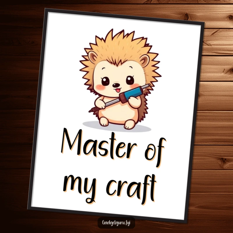 Funny Hedgehog Maker Poster: A charming poster featuring a tiny hedgehog with spiky hair using a miniature soldering iron, perfect for DIY-themed decor.