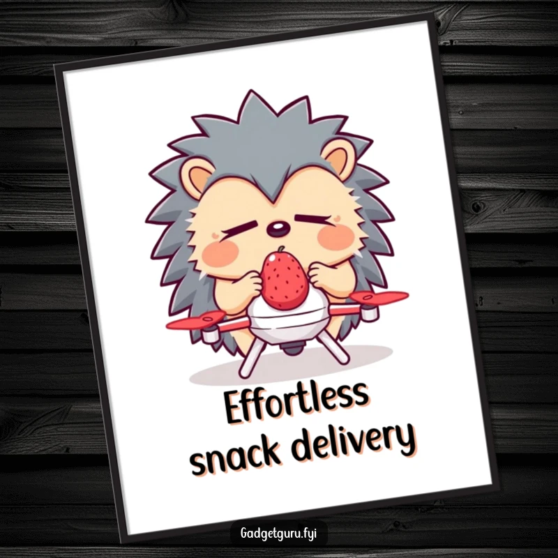 Funny Hedgehog Poster: A sleepy hedgehog uses a tiny drone to deliver a berry, creating a peaceful and whimsical scene.