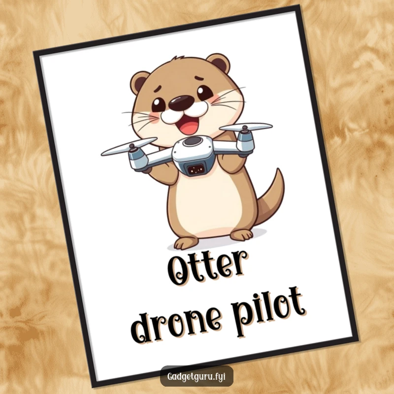 Funny otter character showing off a tiny drone, conveying excitement and a love for flying gadgets, on a poster.