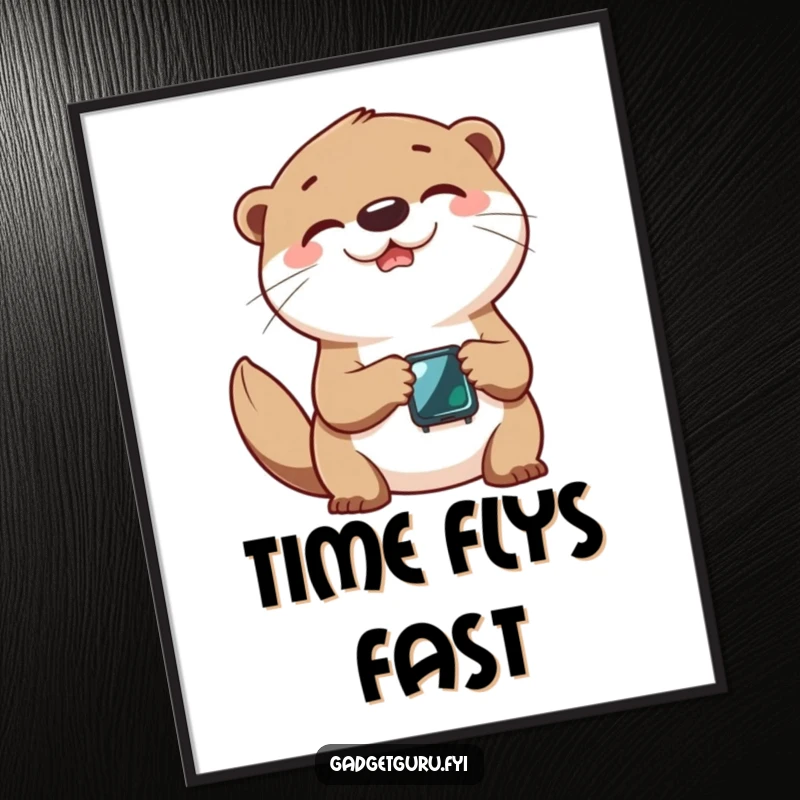 Funny poster of a cheerful otter character joyfully interacting with a miniature, modern smartwatch.