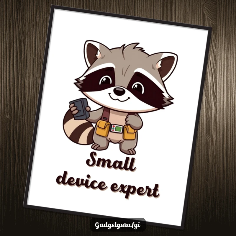 Funny Raccoon Fixer Poster: Wall art depicting a smiling raccoon in a tool belt, humorously fixing a small electronic device.