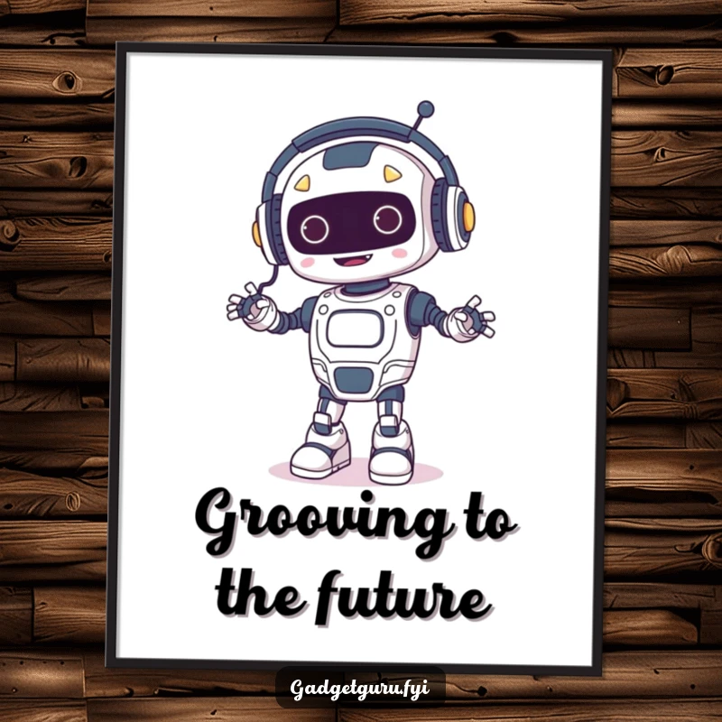 Funny poster print of a happy robot wearing tiny headphones and dancing, with glowing wires, perfect for adding futuristic fun to decor.