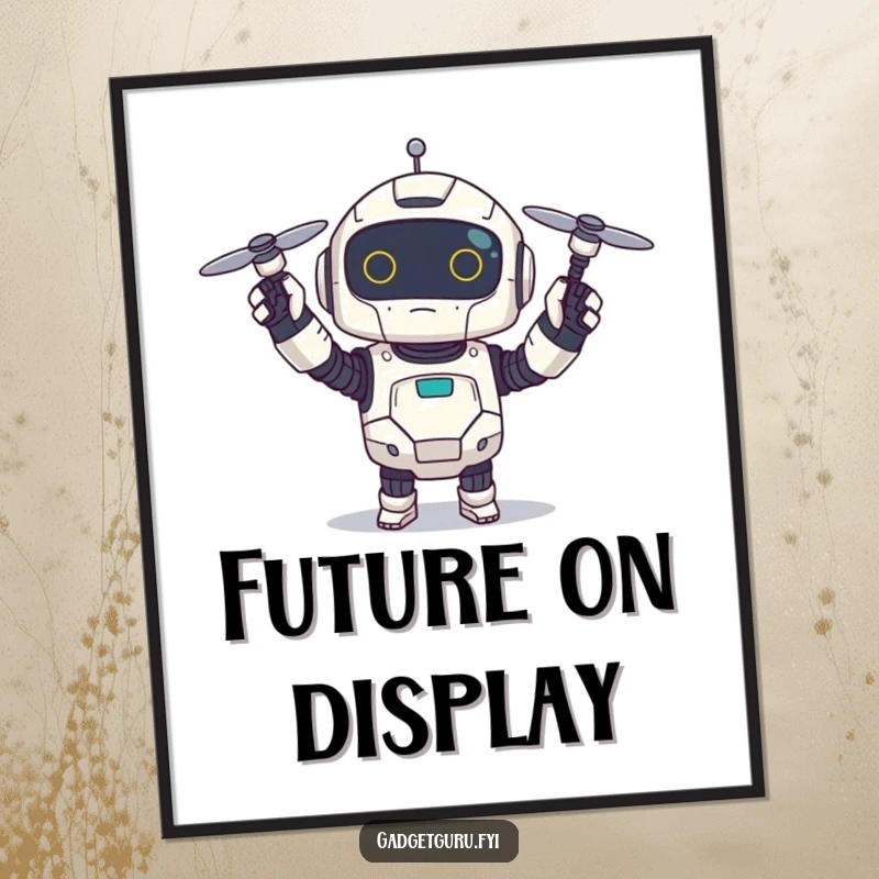 Funny poster print of a small, excited robot character holding up a tiny, spinning drone, celebrating futuristic fun.