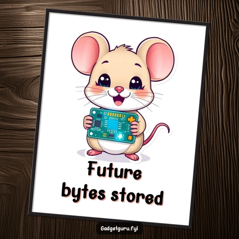 Funny mouse character holding a blinking circuit board, vibrant and humorous tech-themed wall art, perfect for adding geeky charm.