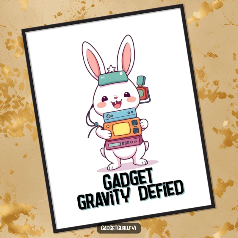 Funny poster of a cheerful rabbit character attempting to balance an impressive and comical stack of small electronic gadgets.