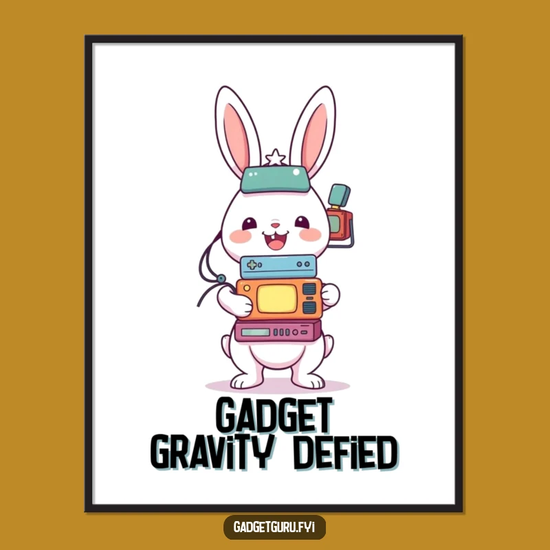 Funny Rabbit Tech Balancing Poster: Hilarious Gadget Art for Your Wall Gift