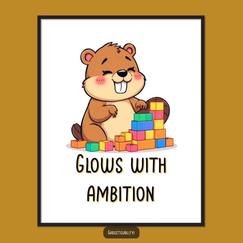 Funny Beaver Poster: Giggling Character Building Up A Storm With Glowing Blocks