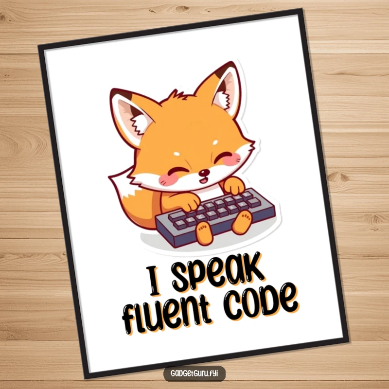 Funny Kawaii Fox Typing Poster: A visually engaging artwork of a kawaii fox intensely typing on a miniature keyboard, adding humor to decor.