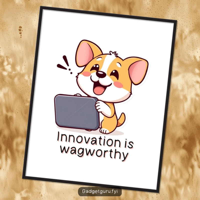 Funny Dog Poster: A cheerful dog enthusiastically demonstrates a new technological device, showcasing pure joy and excitement.
