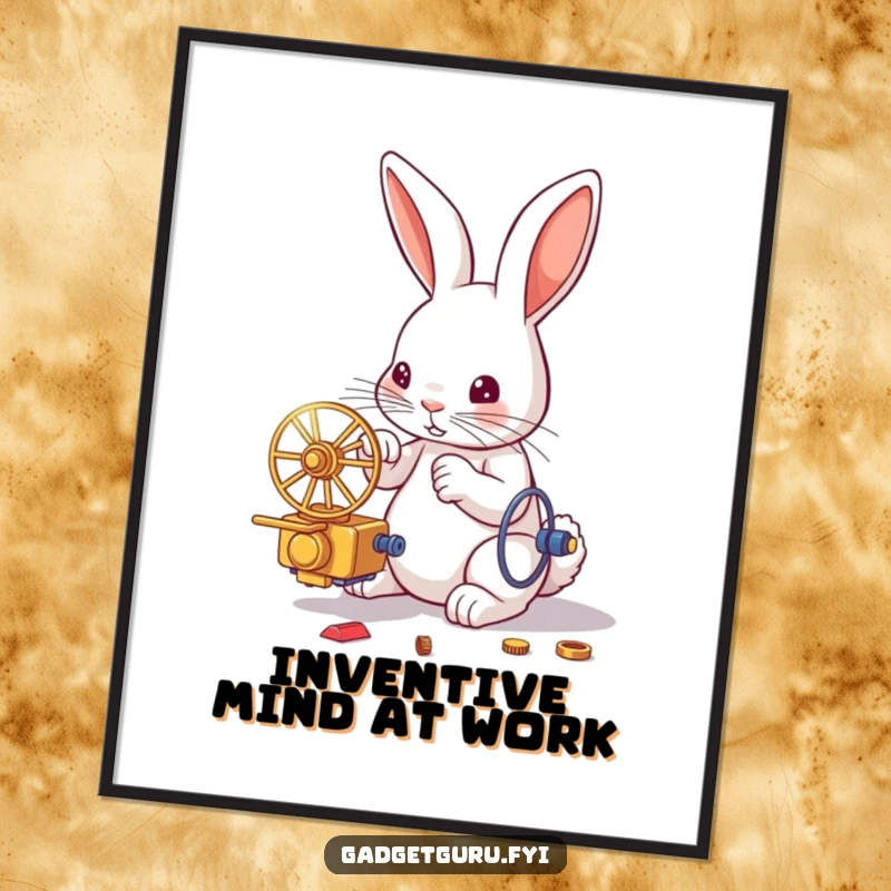 Funny poster depicting a focused rabbit with tools, meticulously assembling a tiny, whirring mechanical invention on a workbench.
