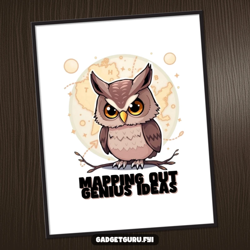 Funny Owl Poster: A curious owl intensely studies a complex, glowing map, creating an atmosphere of mystery and intellect.