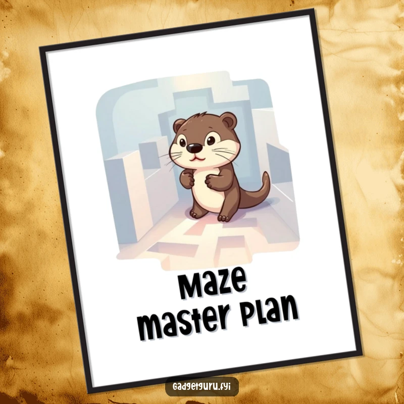 Funny poster print of a determined otter character intently navigating a small, glowing, complex maze.