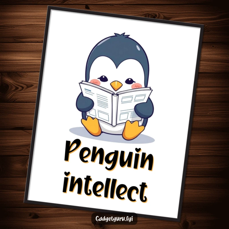Funny penguin poster print of a studious character intently reading a miniature tech manual, perfect for study areas.