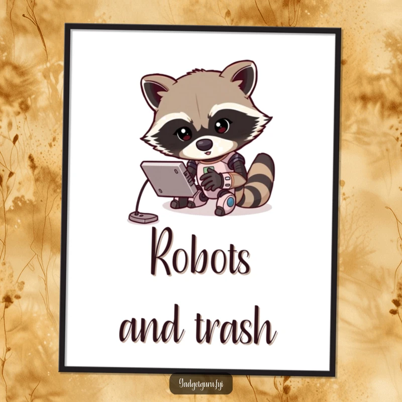 Funny poster showcasing a determined raccoon character energetically programming a miniature robot. Dynamic and humorous wall art for tech enthusiasts.