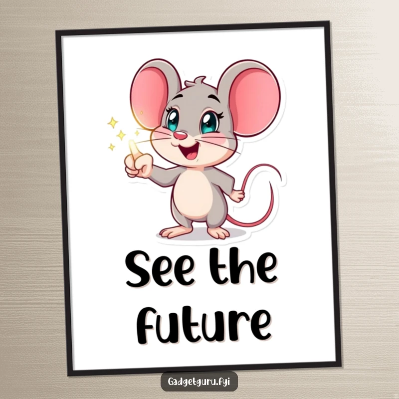 Funny mouse poster featuring an excited character pointing at a holographic display, ideal for futuristic, humorous wall art.