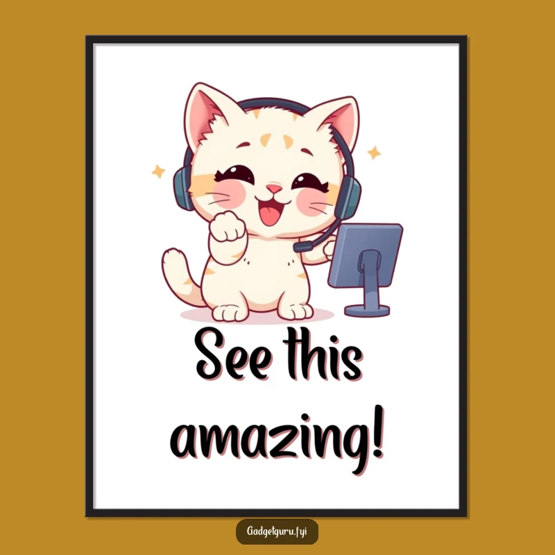 Funny Gamer Kitten Headset Poster - Enthusiastic Pointing Kitten Wall Art Funny Gift
