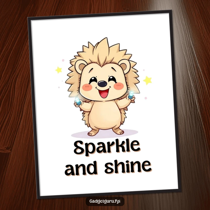 Funny poster print of a happy hedgehog character enthusiastically juggling many tiny, flashing LEDs.