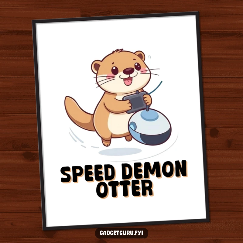 Funny poster featuring a playful otter speeding with a remote-controlled toy, capturing action and joyful play.