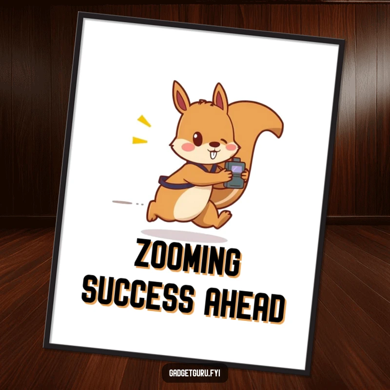 Funny poster art of a squirrel character in motion carrying a small, flashing gadget, symbolizing speed and technological excitement.