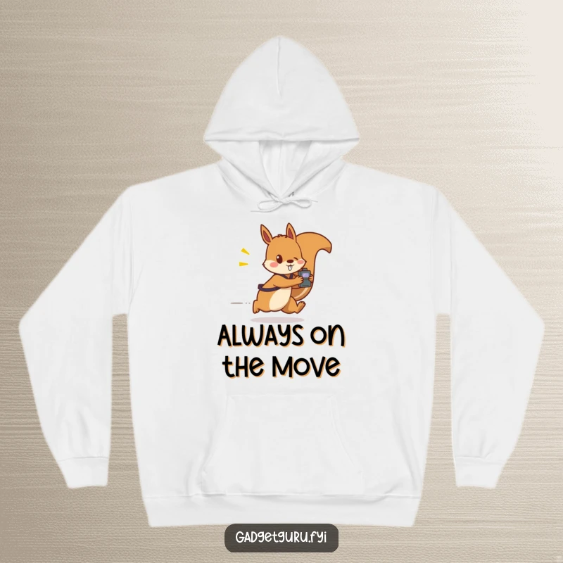 Funny hoodie features a fast-moving squirrel character clutching a small, flashing gadget, symbolizing quick thinking and cozy comfort.