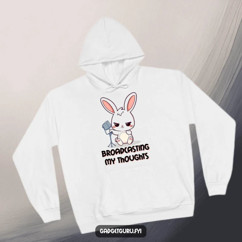 Funny rabbit hoodie displaying a determined cartoon rabbit adjusting a miniature satellite dish, perfect for cozy, humorous tech wear.
