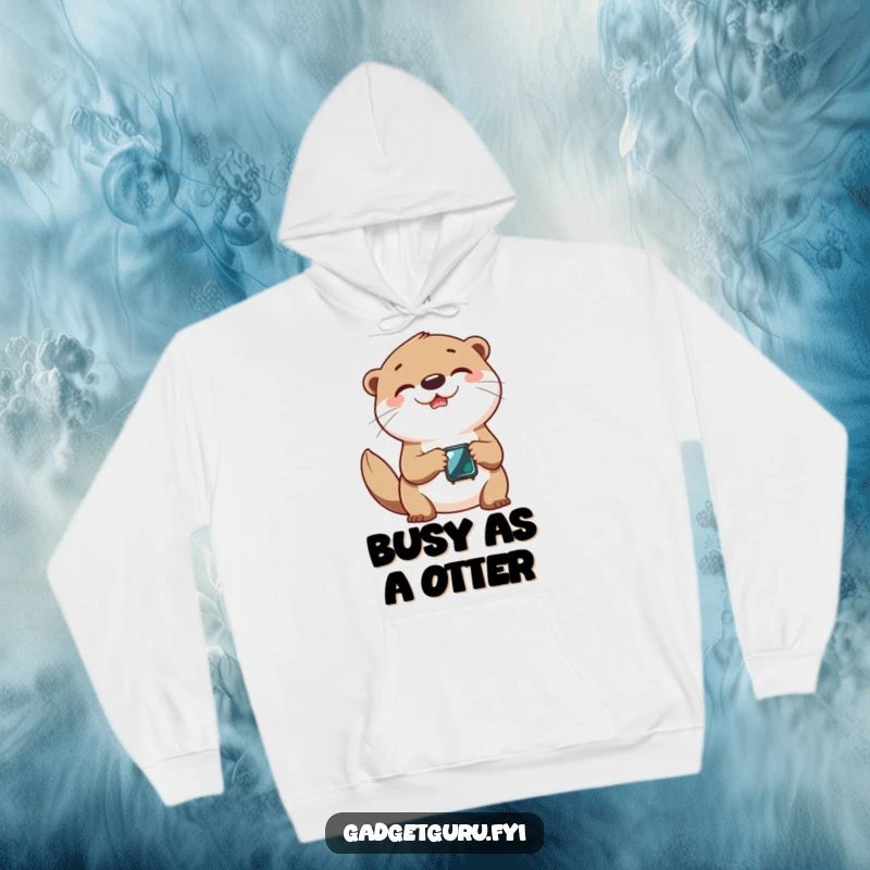 Funny hoodie featuring a cheerful otter character joyfully engaging with a tiny, futuristic smartwatch.