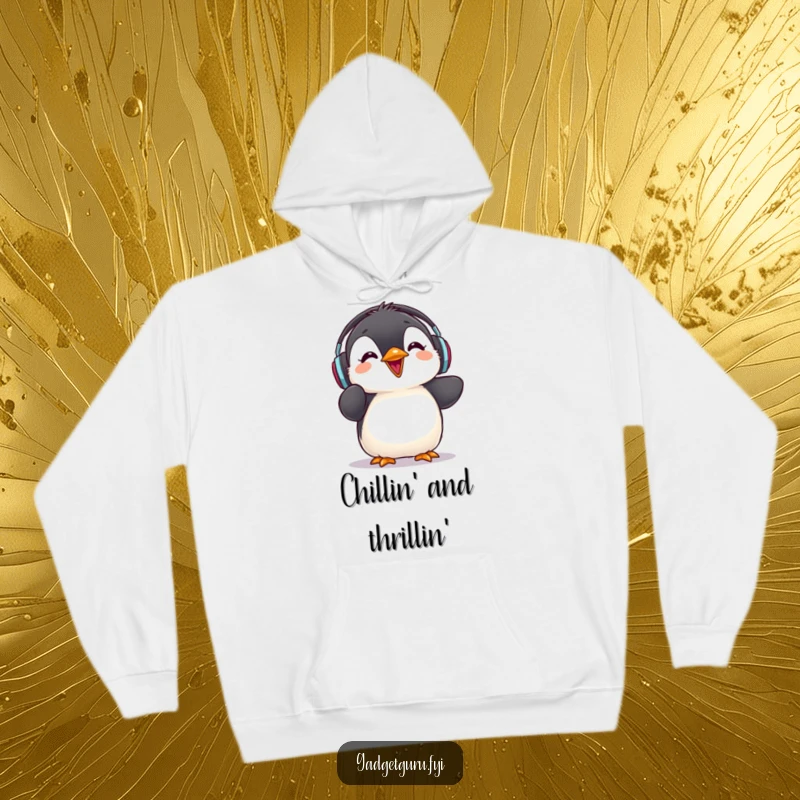 Funny penguin chick hoodie, a cute chick with headphones giving a rave review, cozy and music-themed.