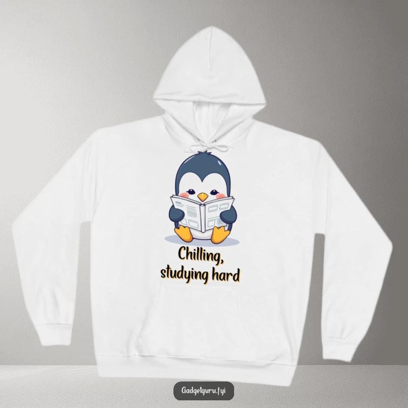 Funny penguin hoodie with a studious character intently reading a miniature tech manual, offering warmth and intellectual charm.