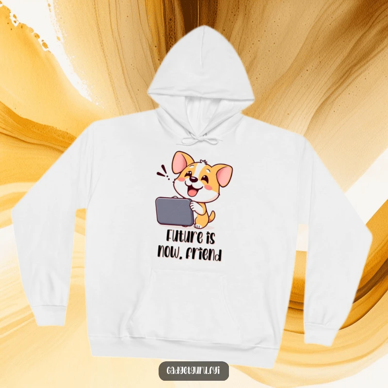Funny Dog Hoodie: A cheerful dog enthusiastically shows off a new device, radiating happiness and technological prowess.