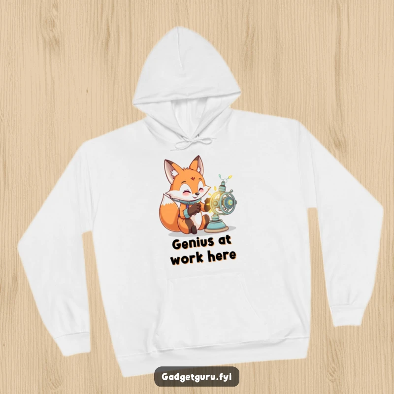Funny hoodie features a focused fox character engrossed in crafting a luminous, complex contraption, perfect for chilly invention sessions.