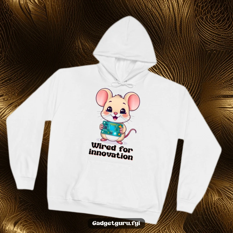 Funny mouse character holding a blinking circuit board on a hoodie, offering cozy comfort and nerdy, humorous tech style.
