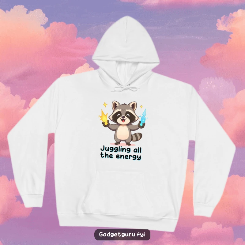 Funny Raccoon Hoodie: A happy raccoon skillfully juggles glowing power sources, offering warmth and a touch of playful chaos.