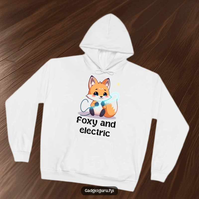 Funny fox hoodie showing a playful character experimenting with glowing wires, perfect for creative and warm sessions.