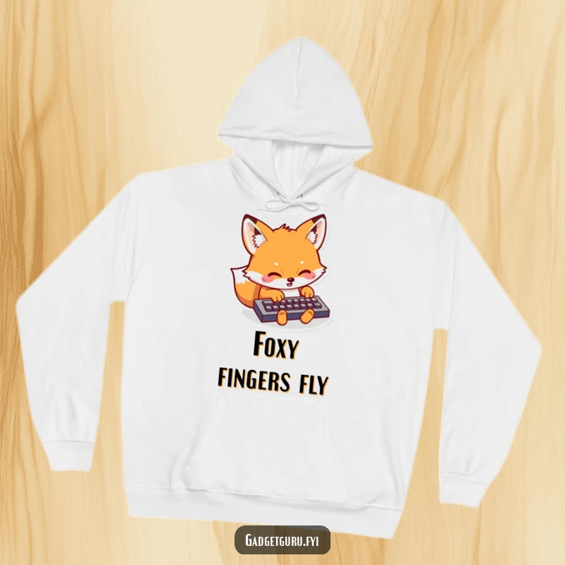 Funny Kawaii Fox Hoodie: Cute fox character focused on typing on a miniature keyboard, ideal for cold nights and coding sessions.