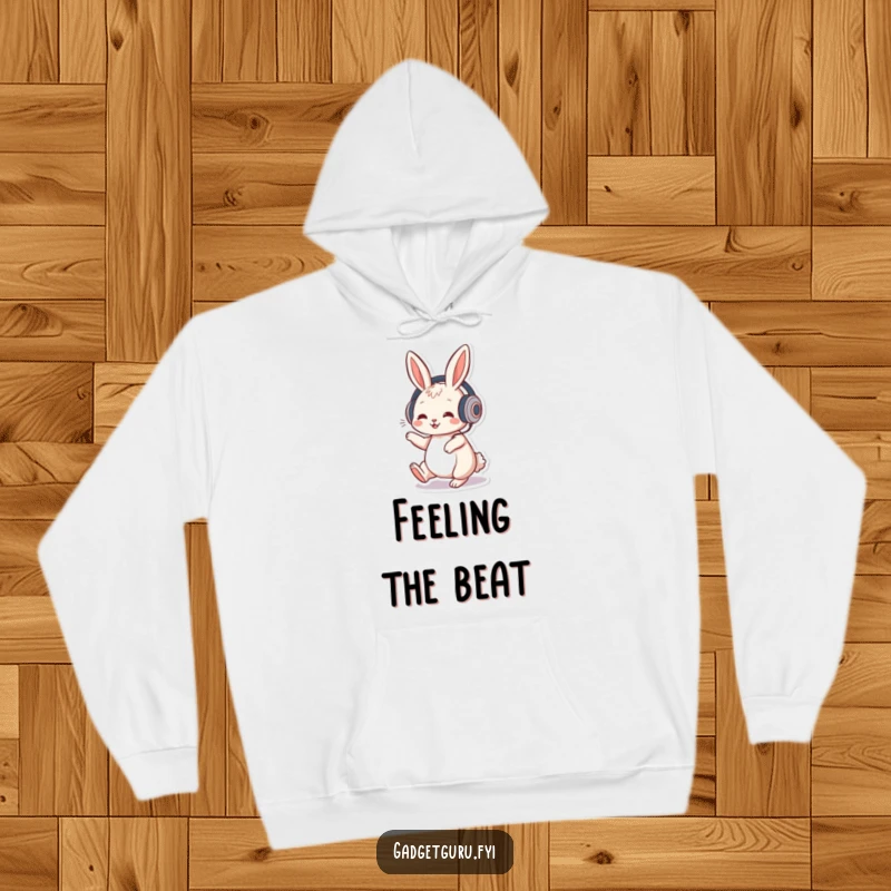 Funny hoodie with a playful rabbit character wearing headphones, tapping its foot, embodying a fun music lover's spirit.