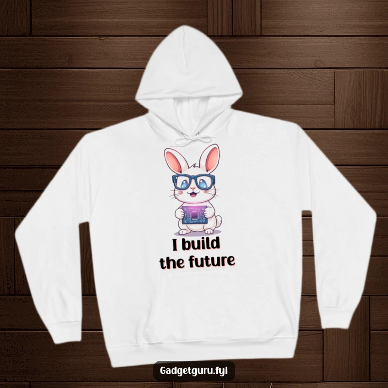 Funny Rabbit Scientist Hoodie: A warm hoodie with a rabbit wearing glasses holding a glowing circuit board, perfect for intellectual comfort.