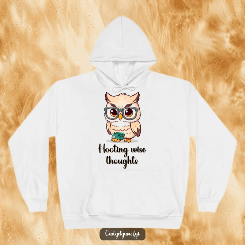 Funny cute owl character with big glasses examining a tiny circuit board, depicted on a warm and humorous hoodie.