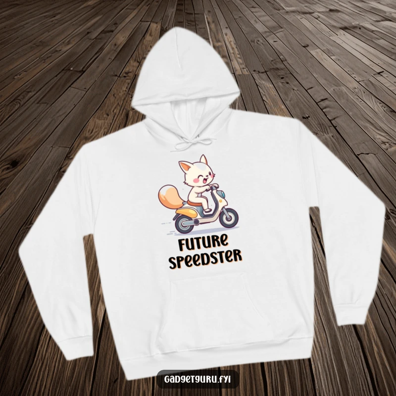 Funny, cozy hoodie depicting an energetic animal character zooming on a miniature futuristic scooter, offering warmth and humorous style.