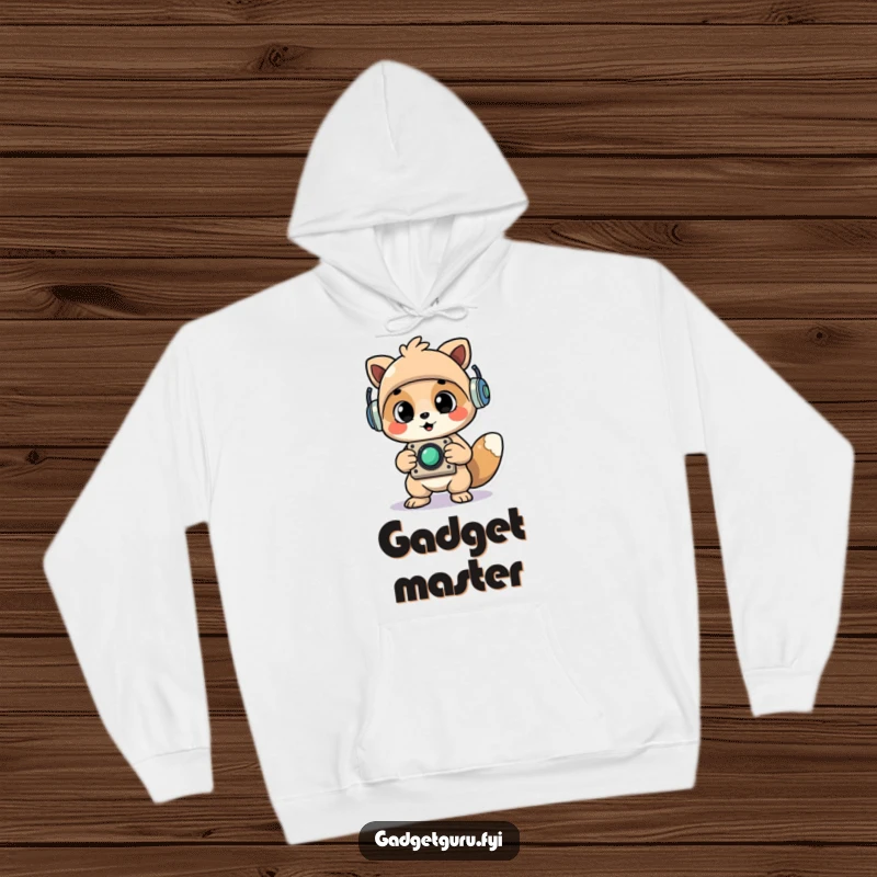 Funny Cheerful Animal Character Proudly Holding Up a Newly Assembled Whimsical Gadget Hoodie, Cozy and Humorous Wear.
