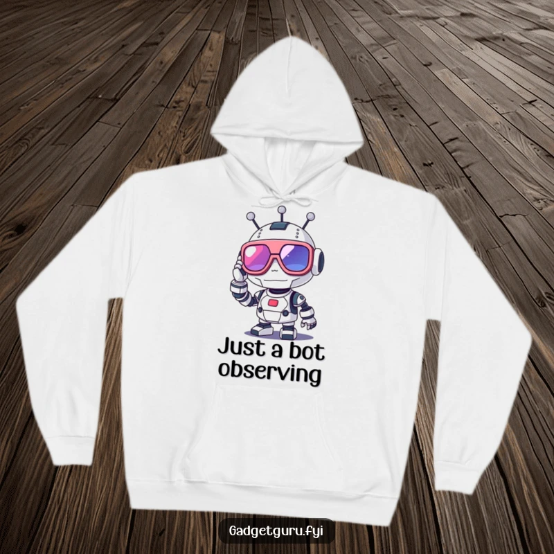 Funny robot hoodie with a cute character adjusting oversized, futuristic glasses, offering warmth and geeky style.