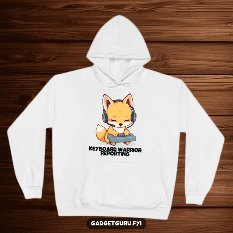 Funny Fox Cub Coder Hoodie: A warm hoodie with a cute fox cub wearing a headset, focused on a miniature keyboard, perfect for tech enthusiasts.