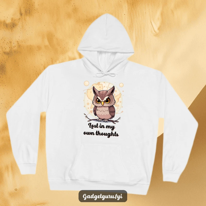 Funny Owl Hoodie: A cozy hoodie featuring a curious owl intently studying a complex, glowing map for warmth and wisdom.