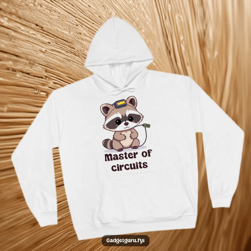 Funny hoodie featuring a tiny raccoon character wearing a headlamp, intently examining a small wire.