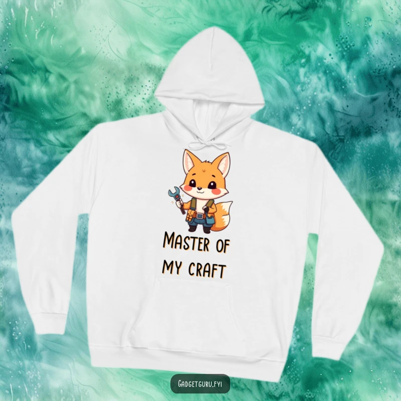 Funny hoodie featuring a small fox character in a tool belt, holding a miniature wrench, ready for action.