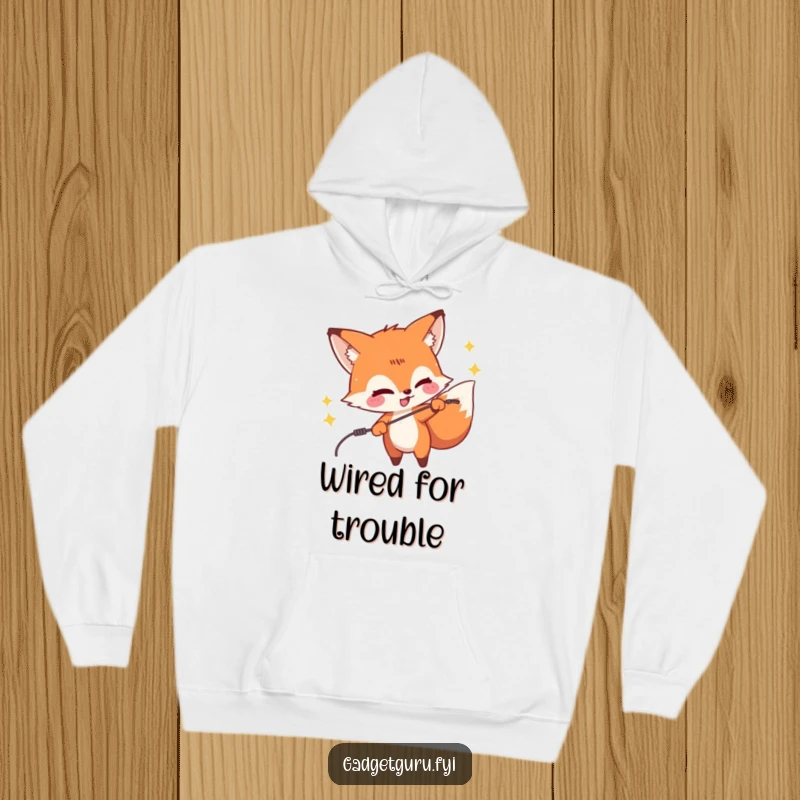 Funny hoodie featuring a mischievous fox character playfully zapping a wire, creating sparks and exuding a clever, energetic vibe.