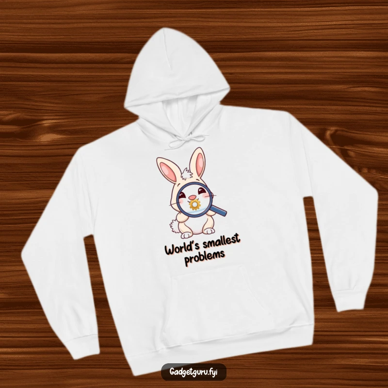 Funny hoodie of a cute bunny using a magnifying glass to inspect a tiny gear, embodying curiosity and a sense of playful investigation.