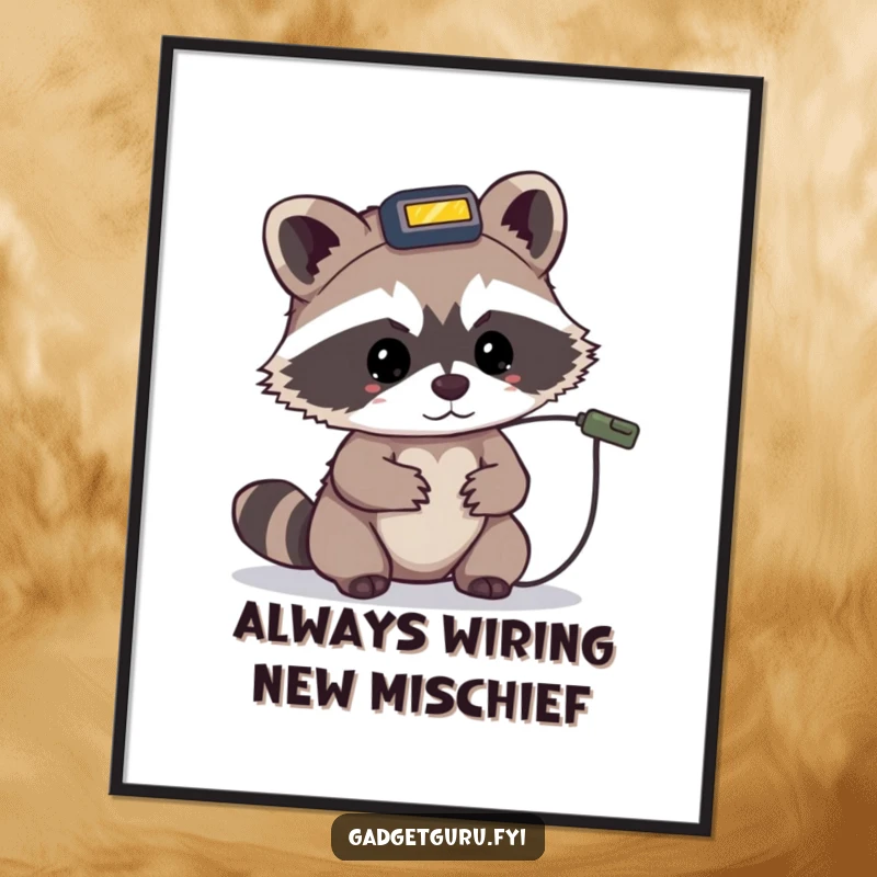 Funny free printable wall art: a tiny raccoon character wearing a headlamp looks intently at a tiny wire, showcasing curiosity.