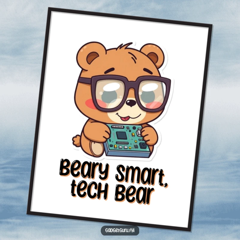 Funny free printable wall art: a bear character in oversized glasses intently studying a miniature, complex electronic circuit board.