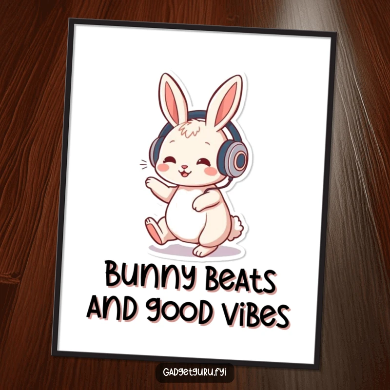 Funny Free Printable Wall Art: Playful rabbit character wearing headphones, tapping foot to music, creating a cool vibe. Downloadable decor.