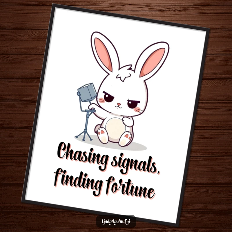 Funny Free Printable Wall Art: Determined rabbit adjusting a miniature satellite dish, quirky downloadable art.